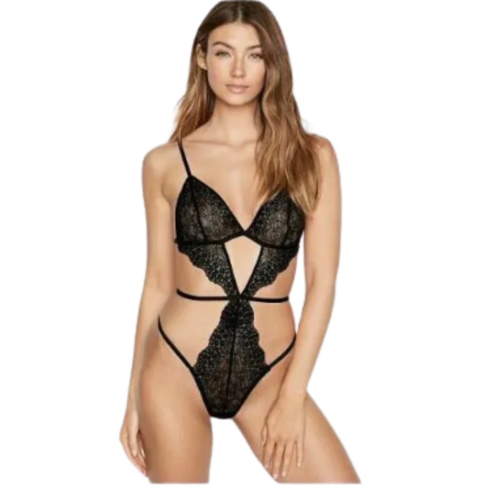 Victoria's Secret Women's Chantilly Lace Cutout Plunge Teddy Black Medium NWT